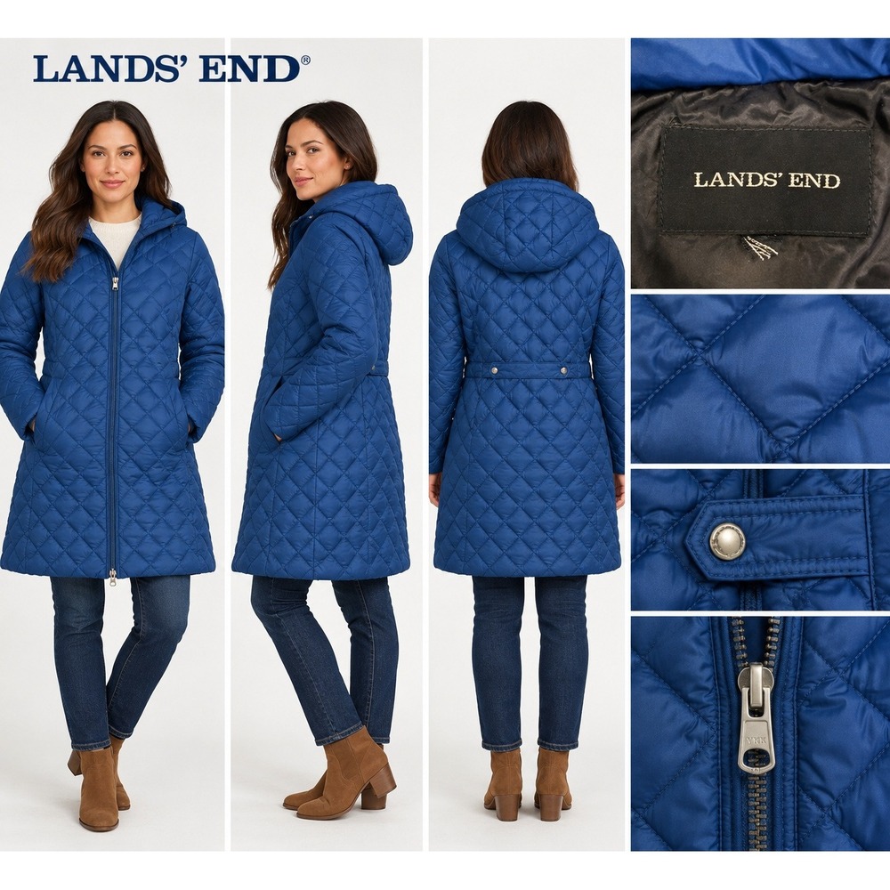 Lands' End Quilted Puffer Coat Womens XL Blue Gorpcore Coastal Hooded Jacket